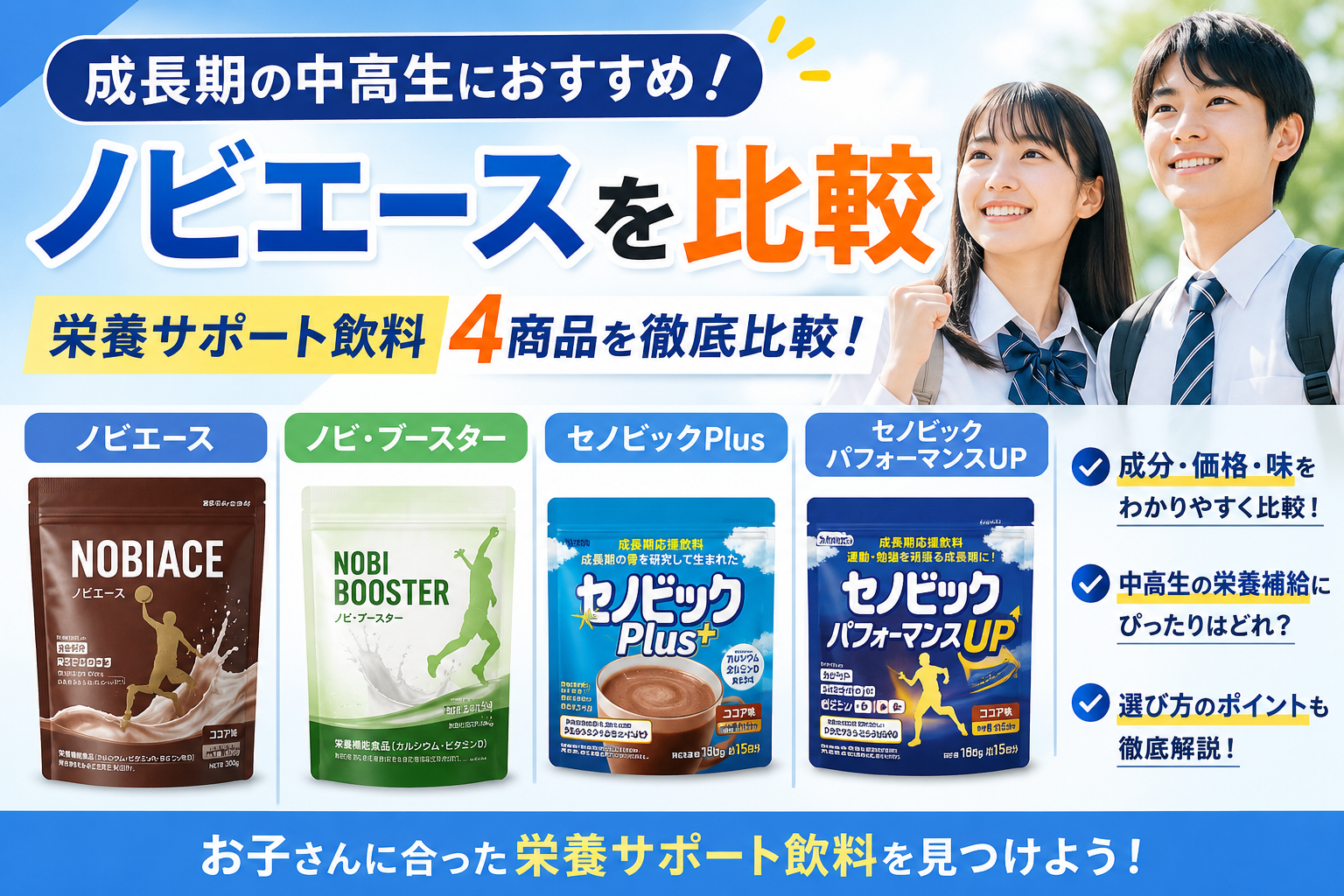 ノビエースを比較|成長期の中高生向け栄養サポート飲料の特徴や選び方を解説